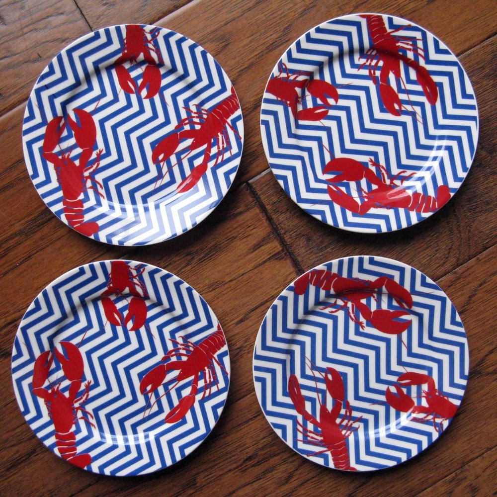 Red Lobster Blue Chevron 5.75" Plates Ciroa Set 4 Dessert Appetizer Porcelain
